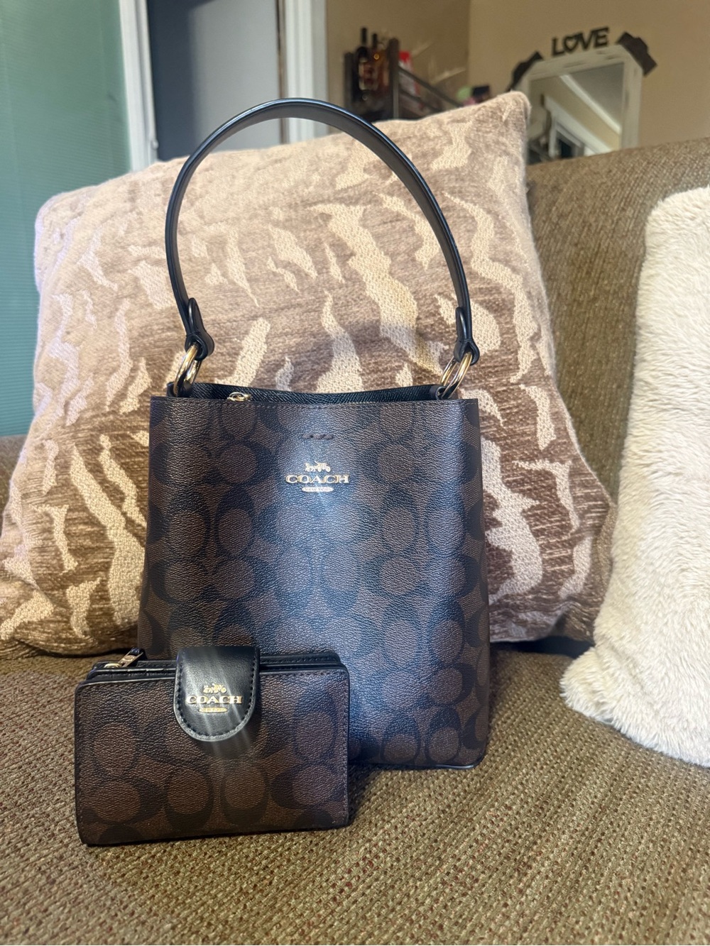 Coach Brown Signature Canvas Bucket Tote with Matching Wallet